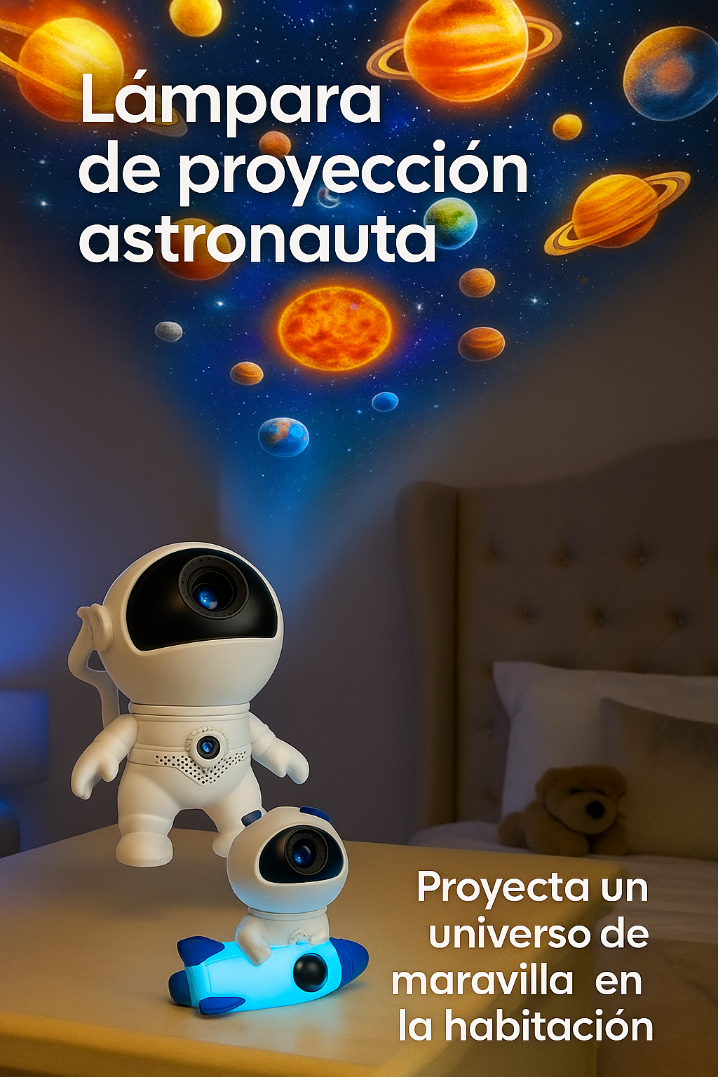 LÁMPARA DE ASTRONAUTA EN COHETE - PROYECTOR GALÁCTICO INFANTIL