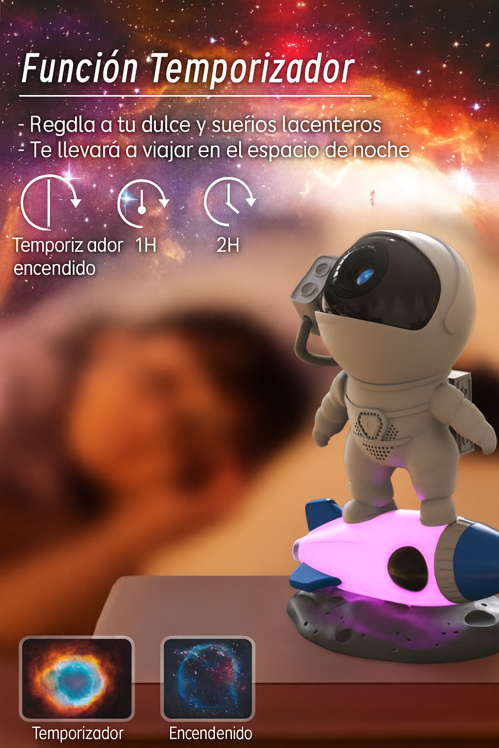 LÁMPARA DE ASTRONAUTA EN COHETE - PROYECTOR GALÁCTICO INFANTIL