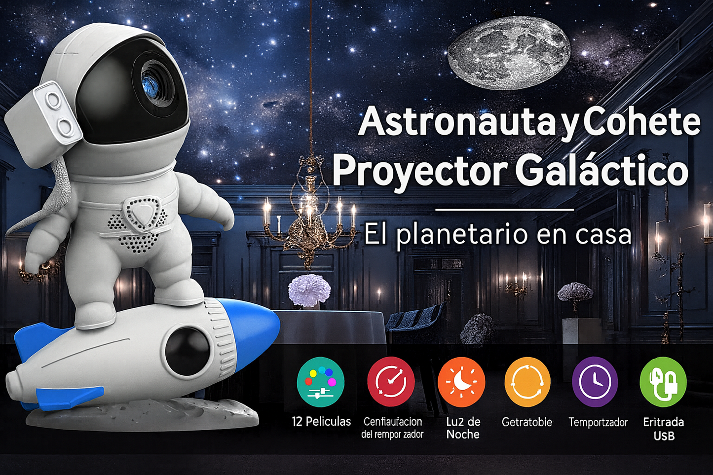 LÁMPARA DE ASTRONAUTA EN COHETE - PROYECTOR GALÁCTICO INFANTIL