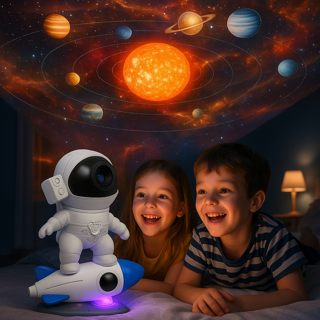 LÁMPARA DE ASTRONAUTA EN COHETE - PROYECTOR GALÁCTICO INFANTIL